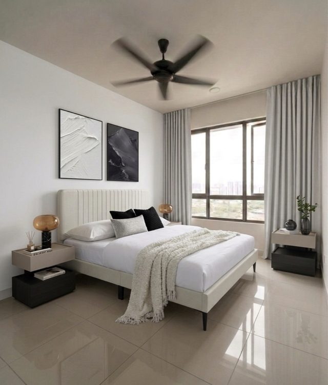 Bilik tidur Modern Chromatic — katil kayu walnut dengan cadar arang dan aksen loyang
