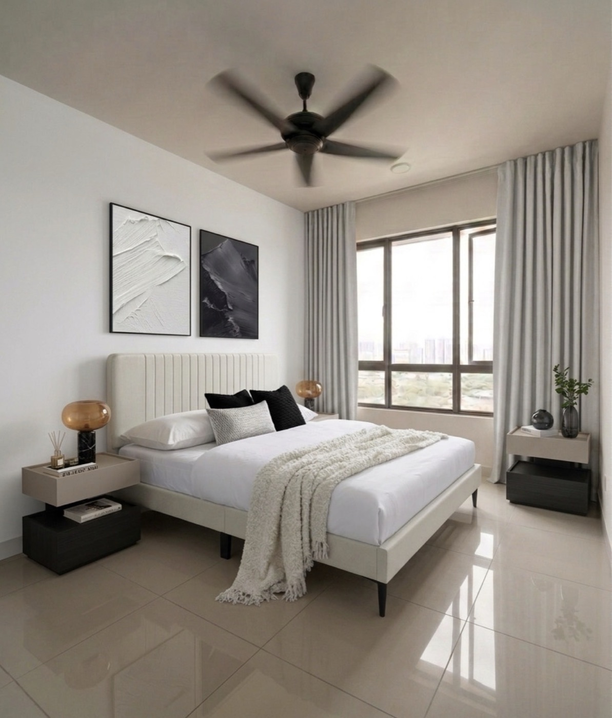 Modern Chromatic bedroom — walnut bed frame with charcoal bedding and brass accents