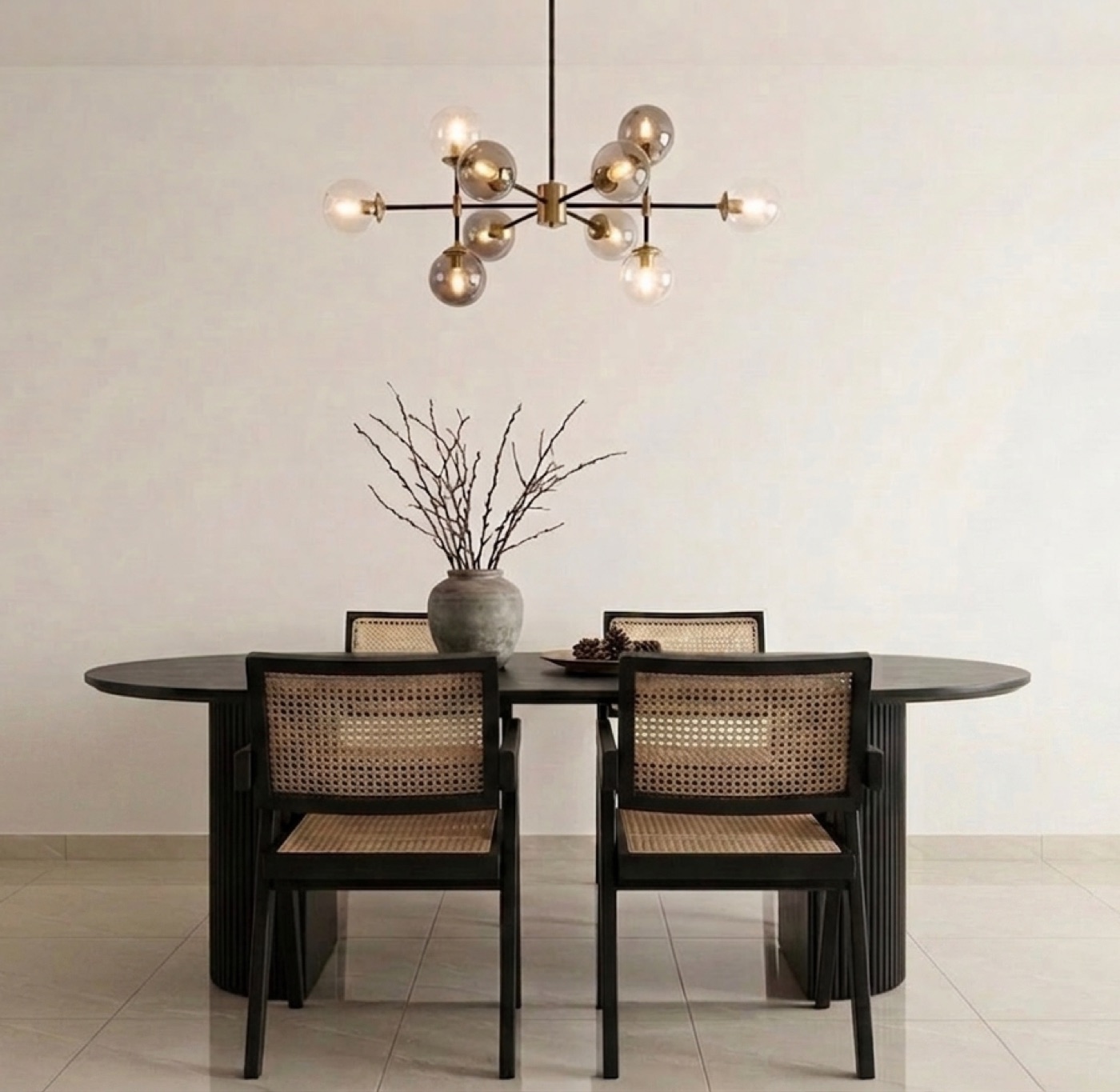 Modern Chromatic dining room with black oval table and cane chairs, staged for a KL rental unit