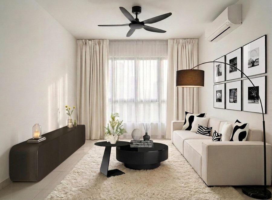 Ruang tamu Modern Chromatic — sofa berton gelap, meja kopi kaca berasap dan kabinet media kayu walnut