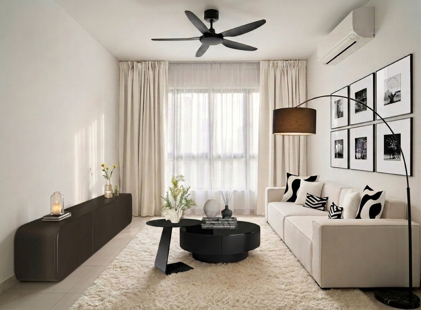 Modern Chromatic living room — deep-toned sofa, smoked glass coffee table and walnut media console