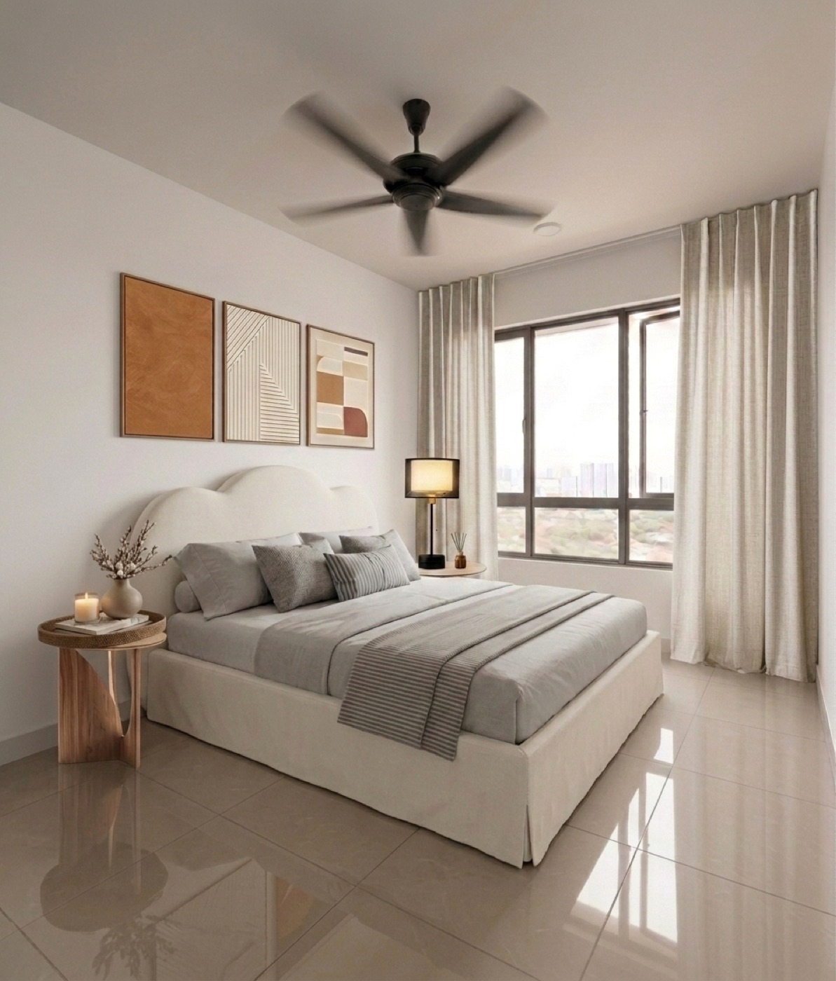 Contemporary bedroom staged for rental — low-profile bed, twin bedside tables and dim-out curtains