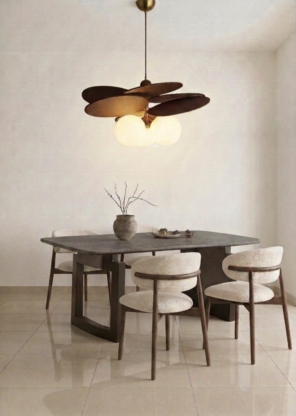 Contemporary dining area — sintered stone table with leather-seat chairs