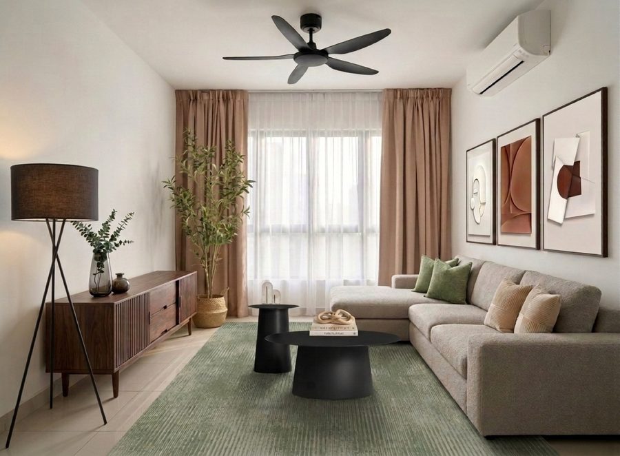 Ruang tamu Contemporary diperabot untuk sewa — sofa bergaris bersih, meja bertutup marmar dan karya seni galeri
