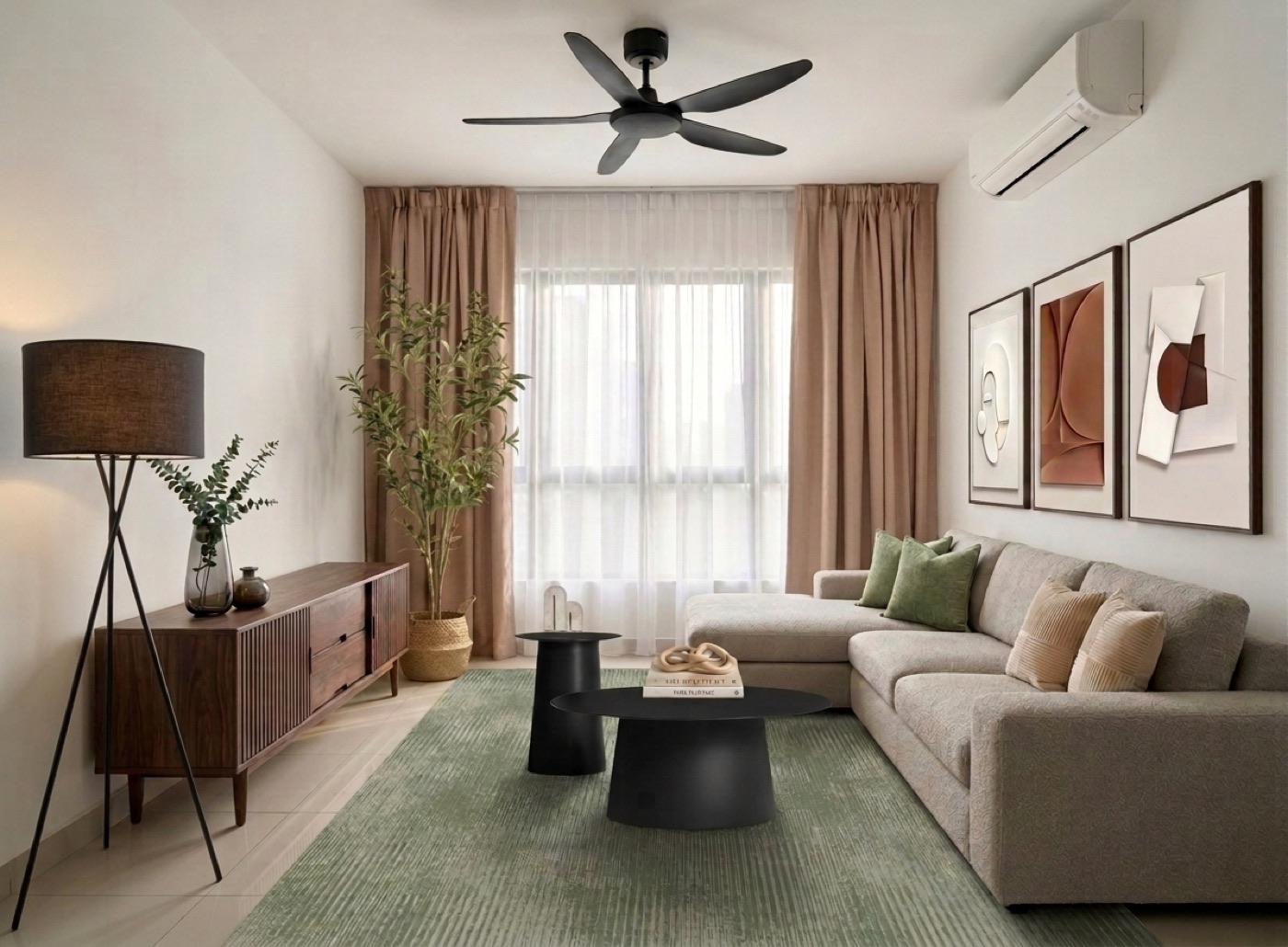 Contemporary living room furnished for rental — clean-lined sofa, marble-top table and gallery artwork