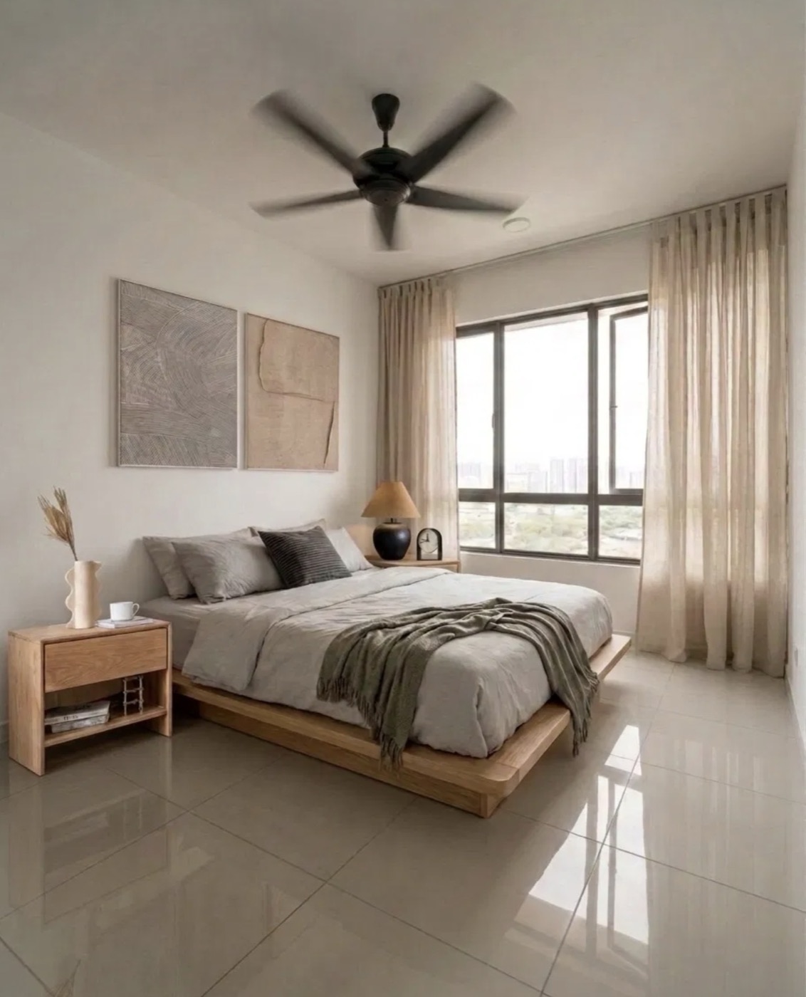 Japandi bedroom staged for rental — low platform bed, linen bedding and rattan bedside tables