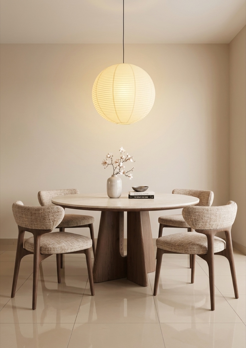 Japandi dining setup for a rental unit — round oak table with woven cane chairs