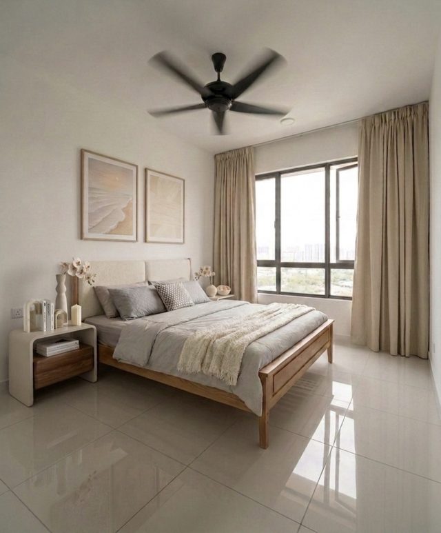 Bilik tidur Modern Organic — katil berlapik kain, ton plaster dan pencahayaan lembut berlapis