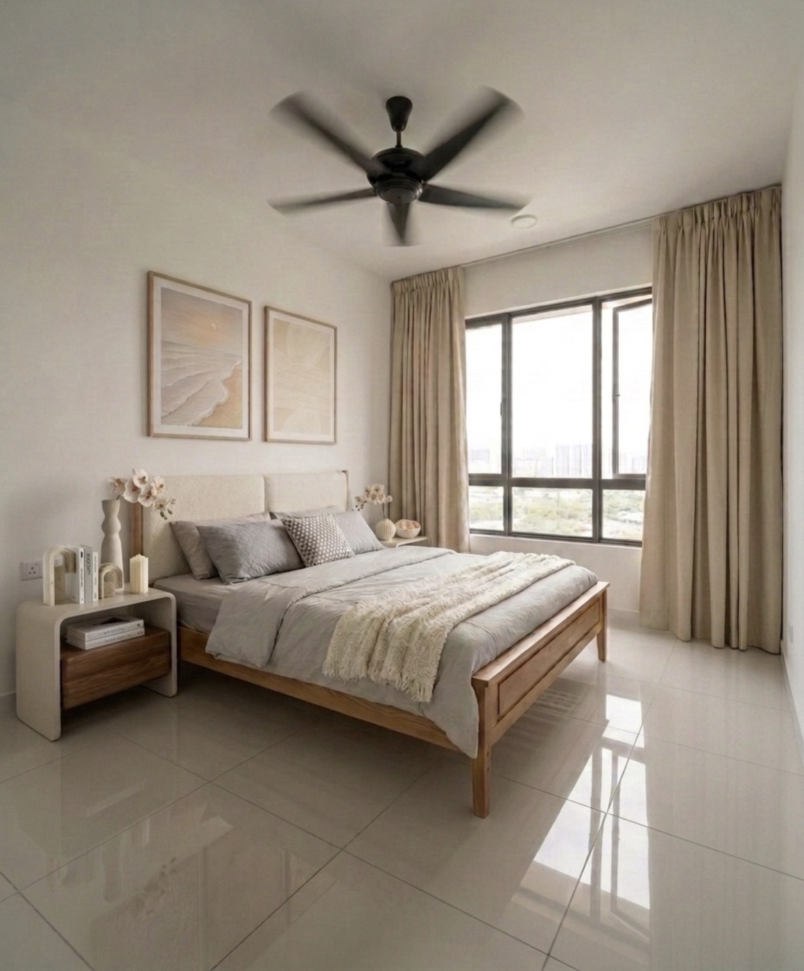 Modern Organic bedroom — upholstered bed frame, plaster tones and soft layered lighting