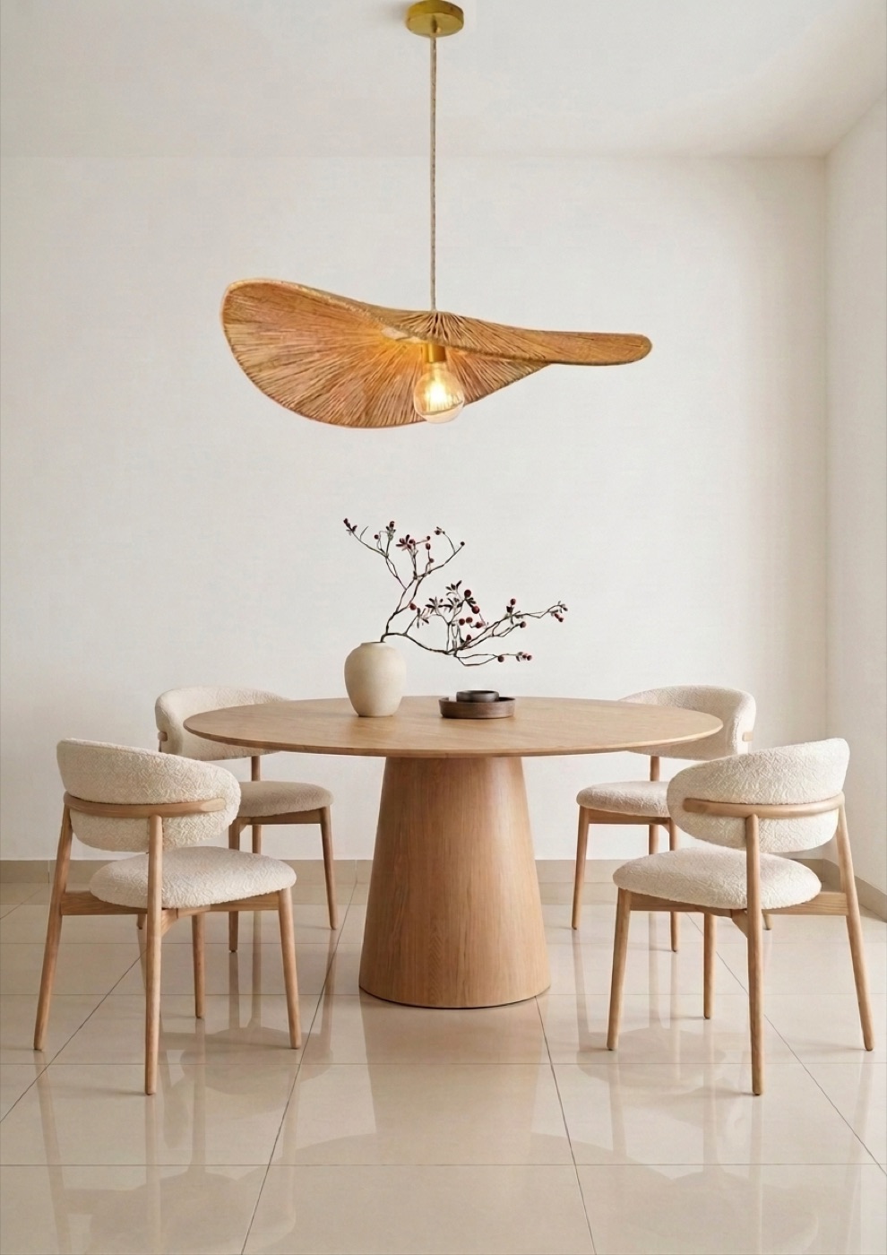 Modern Organic dining area — pale stone pedestal table with sculptural cream chairs