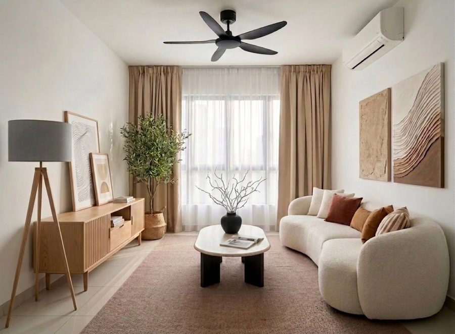 Ruang tamu Modern Organic digayakan untuk sewa — sofa boucle melengkung, meja kopi travertine dan langsir nipis