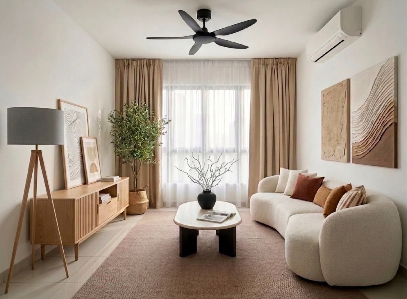 Modern Organic living room staged for rental — curved boucle sofa, travertine coffee table and sheer curtains